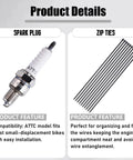 Spark plug for small-displacement engines and zip ties for organizing wires, part of Beefed Up Ignition Coil 5 Pin CDI Box Solenoid Relay Voltage Regulator With Spark Plug Set For 50cc 70cc 90cc 110cc 125cc ATVs Dirt Bikes Go Kart Mopeds Scooters.