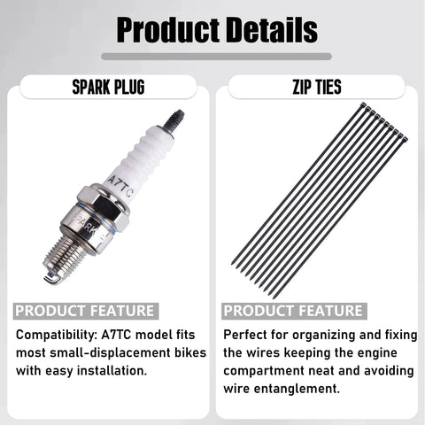 Spark plug for small-displacement engines and zip ties for organizing wires, part of Beefed Up Ignition Coil 5 Pin CDI Box Solenoid Relay Voltage Regulator With Spark Plug Set For 50cc 70cc 90cc 110cc 125cc ATVs Dirt Bikes Go Kart Mopeds Scooters.