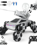 Silver all-terrain one sixteenth scale remote control car for kids and teens 8-wheel stunt monster truck toy with accessories displayed