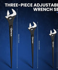 Three Piece Adjustable Spud Wrench Set, 10 Inch, 12 Inch and 16 Inch, Chrome Vanadium Steel with Black Oxide Finish