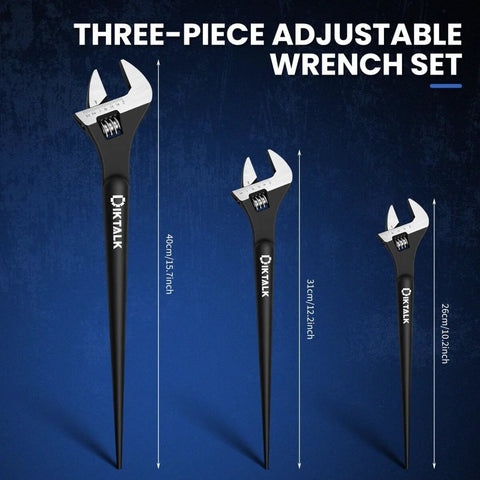 Three Piece Adjustable Spud Wrench Set, 10 Inch, 12 Inch and 16 Inch, Chrome Vanadium Steel with Black Oxide Finish