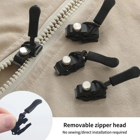 Close-up of 6-Piece Zipper Repair Kit with removable heads on a beige fabric, showcasing universal zipper fixers for repairs.