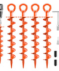 Heavy Duty Screw In Ground Anchors 15 Inch Spiral Earth Anchors 4 Pack For Trampolines shown with accessories.