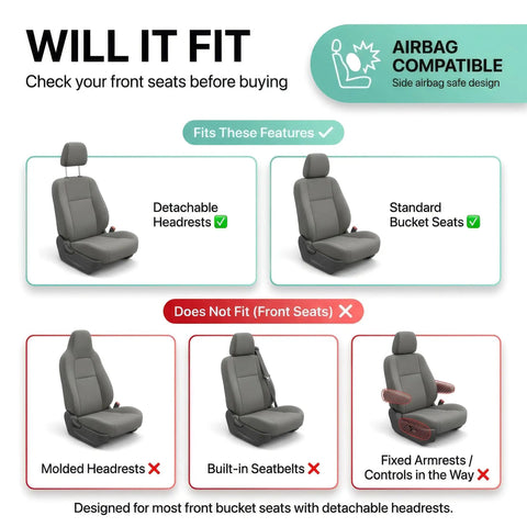 Image showing seat compatibility for Premium 3D Air Mesh Front Seat Covers Set for Cars, Trucks, and SUVs, Airbag Compatible.