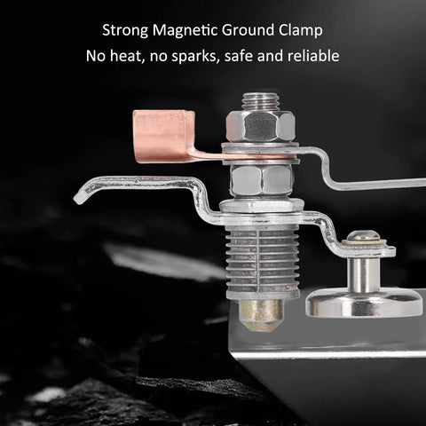 Close-up of Heavy Duty Magnetic Welding Ground Clamp With Super Strong Arc Plate For 300A Electrical Grounding Work Tool, showing iron and brass components.
