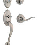 Shelburne Front Door Lock Set With Exterior Handleset And Interior Reversible Lever Satin Nickel Finish Pick Resistant SmartKey Rekey Deadbolt Security Two Bore Holes For Easy Exterior Entry