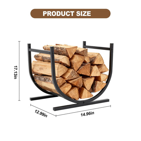 17 Inch Heavy Duty Firewood Rack Holder with stacked wood, sturdy metal log storage stand, weatherproof black finish, dimensions shown.