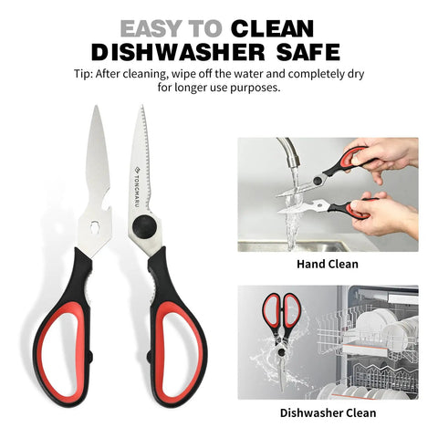 Beefy All Purpose Heavy Duty Kitchen Scissors With Detachable Blades, Serrated Edges, Nutcracker And Bottle Opener, Dishwasher Safe Multipurpose Food Shears For Meat, Veggies, Fish, Poultry And Herbs, black and red handles