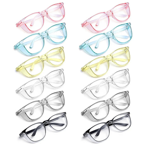 12 Pack Pro Grade Anti Fog Safety Glasses With Side Shields For Lab Work And Nursing Clear Protective Eye Goggles shown in assorted colors