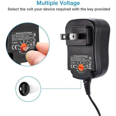 Universal AC Adapter With Do It All Voltage Options 3V 4.5V 5V 6V 7.5V 9V 12V 12W 1000mA showing voltage selector and plug