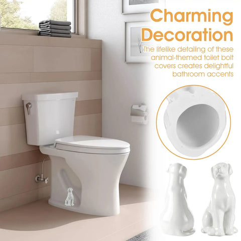 Adorable White Ceramic Dog Toilet Bolt Covers Transform Your Bathroom With These Hella Stylish Screw Caps That Bring Real Personality To Your Space While Offering No Sweat Install 2 Piece Set in a modern bathroom setting.