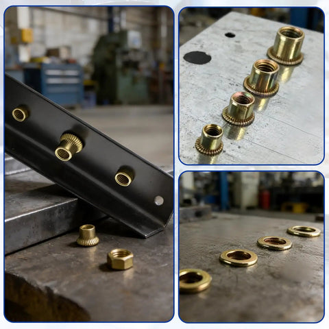 Close-up of Rivet Nut Tool Kit with 430 Piece Metric Rivnuts Set M3 M4 M5 M6 M8, installed in metal sheets.
