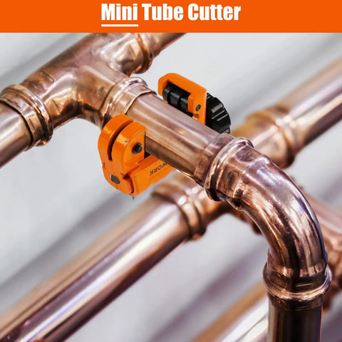 Mini tube cutter in action on copper pipe from Fast Tubing Cutter Set With Mini Cutter And Deburring Tool For Quick Cuts