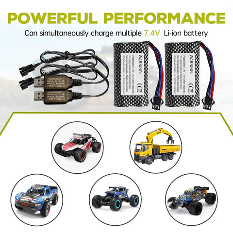 2 Pack 7.4V 1500mAh SM-3P Plug Lithium RC Battery With USB Charging Cable For DE43 And DE60 RC Cars