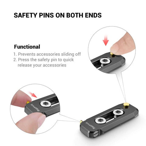 Badass Low Profile NATO Rail Quick Release Safety Mount Fifty Millimeter Long Camera Cage Accessory With Standard Thumbscrews showing safety pins for secure attachment.