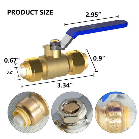 Two Pack One Half Inch Push Fit Full Port Brass Ball Valves For Hot And Cold Water With Disconnect Clip Water Stop Shut Off Red And Blue Handles No Fuss Quick Install product size diagram.