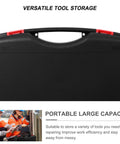 Rock Solid Portable Plastic Toolbox With Reinforced Lid And Grippy Carry Handle For Built Like A Tank Workshop Storage And Knockout Gear Organization On The Go, black with red handle, versatile tool storage.