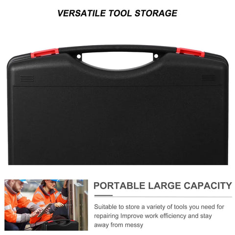 Rugged Portable PP Plastic Toolbox With Heavy Duty Handle And Quick Release Latches, black case with red latches for tool storage.