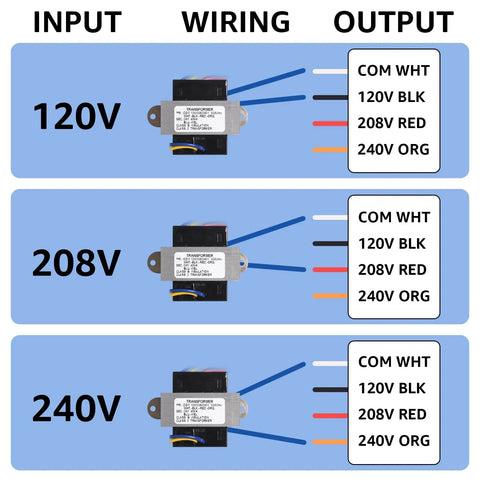 Diagram showing wiring connections for 24V Transformer Replacement For Motors Armatures 50354 Converting 120V 208V And 240V To 24V 40VA Closed Shell Design