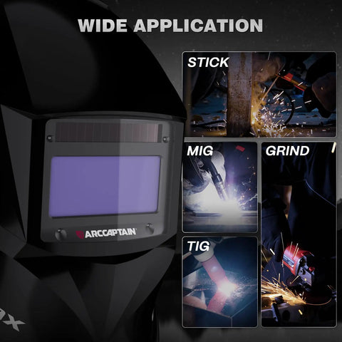 Auto Darkening Welding Helmet With True Color View 4 Arc Sensors 1/25000 Sec Response Solar Powered Weld Hood Fits TIG MIG ARC Adjustable Shade 4/9-13 Glossy Black shown in multiple welding applications.