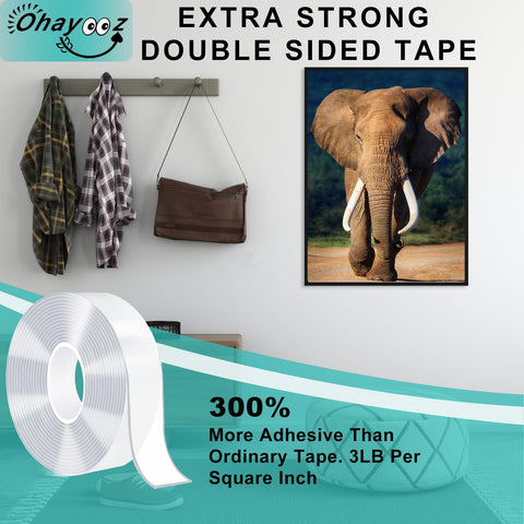 Extra Strong Double Sided Tape Heavy Duty Removable 10ft Clear Nano Adhesive Wall Tape For Hanging Pics Posters Carpets Photos And Decor With Mega Hold And Clean Removal displayed with an elephant poster on a wall and clothing items hung using the tape