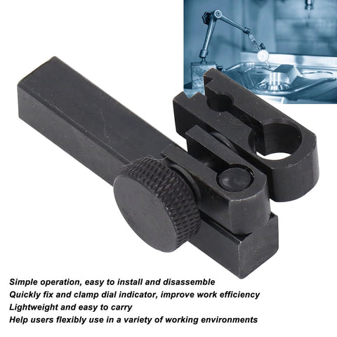 Dial test indicator height holder bar with sleeve swivel clamp, front view, black metal, 9x9x50mm, 8mm/6mm holes