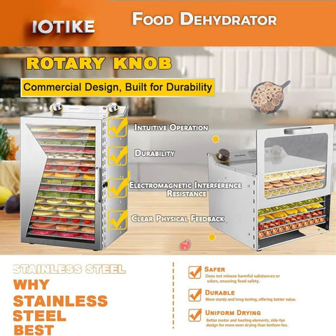 Heavy Duty Workhorse Stainless Steel Freeze Dryer And Electric Food Dehydrator With Smart 12 Hour Countdown Timer and durable design for even drying.