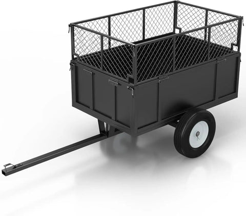 Heavy Duty Garden Dump Cart With 17 Cu Ft Bed, Tow Behind ATV UTV Trailer, 750 Lb Capacity, Removable Sides, Steel Dump Trailer, Black