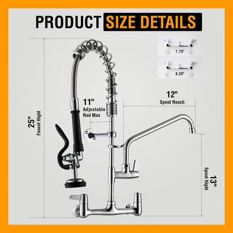 Heavy Duty Commercial Wall Mount Sink Faucet With Pull Down Sprayer Built Like A Tank 360 Degree Swivel 8 Inch Adjustable Center dimensions diagram