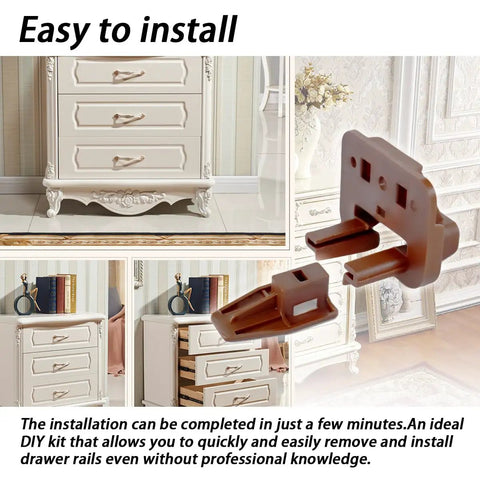 Heavy Duty Drawer Slide Repair Kit 10 Piece Set Reinforced Hard Plastic slider with installation details on dresser.