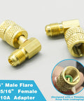 Pro Grade Mini Split Adapter Kit Five Sixteenths To One Quarter Coupler With Valve Core Remover Refrigerant Hose Adapter And Vacuum Pump Kit For R410A Mini Split Air Conditioners, two brass adapters on display