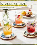 12 Pcs Wooden Coasters Craft Kit Paint Your Own Coaster Set with iced drinks on coasters, showcasing landscape prints, cork pads
