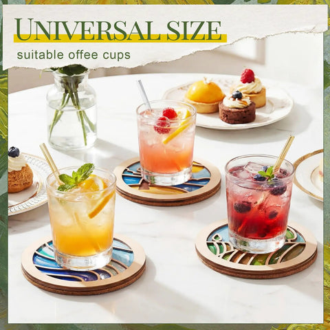 12 Pcs Wooden Coasters Craft Kit Paint Your Own Coaster Set with iced drinks on coasters, showcasing landscape prints, cork pads