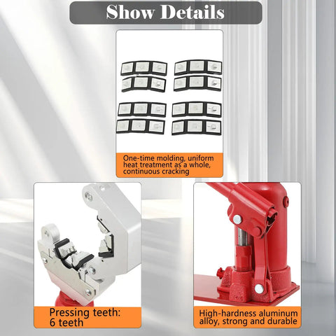 Close-up of 7 Ton Benchtop Portable Hydraulic Hose Crimper With 4 Dies Manual High Pressure Hose Crimp Tool, aluminum build.