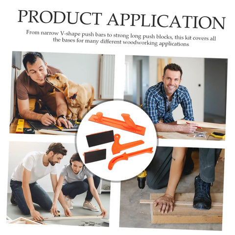 Collage showing table saw push block and push stick set in various woodworking applications, includes image of DIY projects and tools.