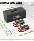 Package contents of 3S 11.1V 2200mAh RC LiPo Battery Pack 120C With Dean T Plug Dual Pack For RC Cars, including two batteries and manual.