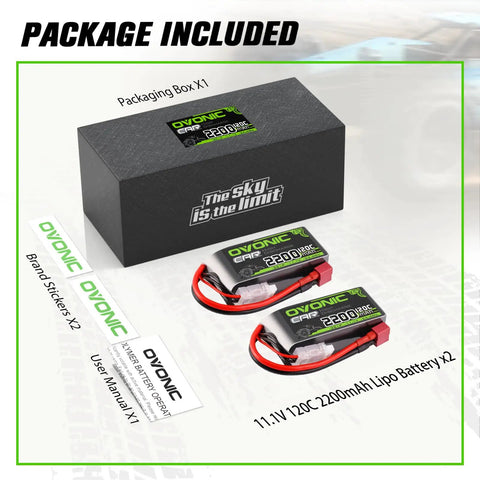 Package contents of 3S 11.1V 2200mAh RC LiPo Battery Pack 120C With Dean T Plug Dual Pack For RC Cars, including two batteries and manual.