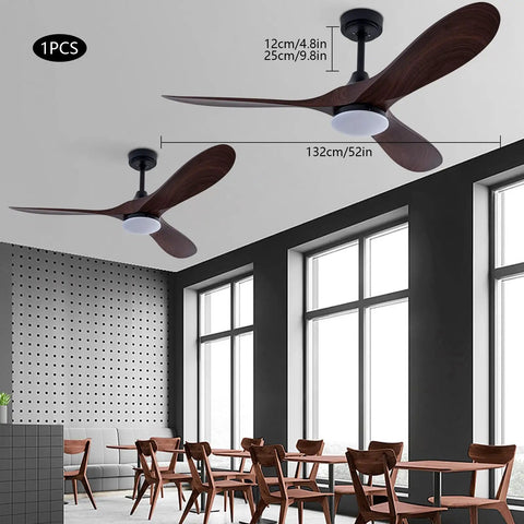 Pwefhsdjvh Ceiling Fan with Remote Control 48W LED Light 6 Speeds Quiet in a modern cafe setting with wood blades.
