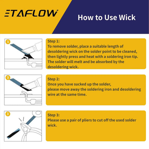 Instructions for using 2 Pack No Clean Solder Wick Braided Copper 2.5mm By 10ft No Residue Desoldering Wick for electronics repair.