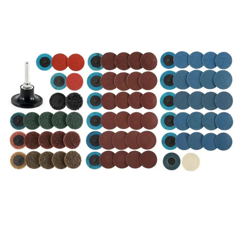 Variety pack of abrasive discs and a backing pad for Built Tough Pneumatic Angle Die Grinder With A 90 Degree Head That Pulls 25000 Rpm.