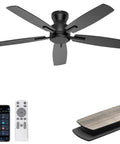 Low Profile 52 Inch Ceiling Fan With Remote And App Control No Light Black Finish, Quiet DC Motor, Flush Mount Design For Bedroom Living Room Patios, Ideal For Small Spaces, shown with remote and app interface.