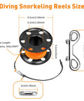 5Ft Surface Marker Buoy Set With Open Bottom DSMB showing 100Ft aluminum finger reel and double ended bolt clip dimensions.
