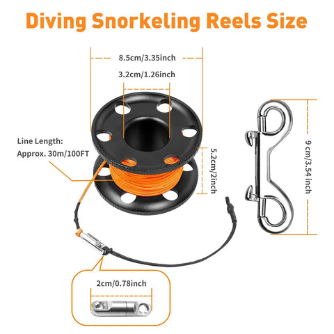 5Ft Surface Marker Buoy Set With Open Bottom DSMB showing 100Ft aluminum finger reel and double ended bolt clip dimensions.