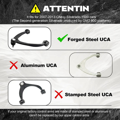 Two To Four Inch Front Upper Control Arm Lift Kit For 2007 To 2018 Chevy Silverado And GMC Sierra 1500, Suburban 1500, Tahoe Yukon XL, And Cadillac Escalade ESV With Factory Forged Steel Arms Only. For forged steel UCA fitment