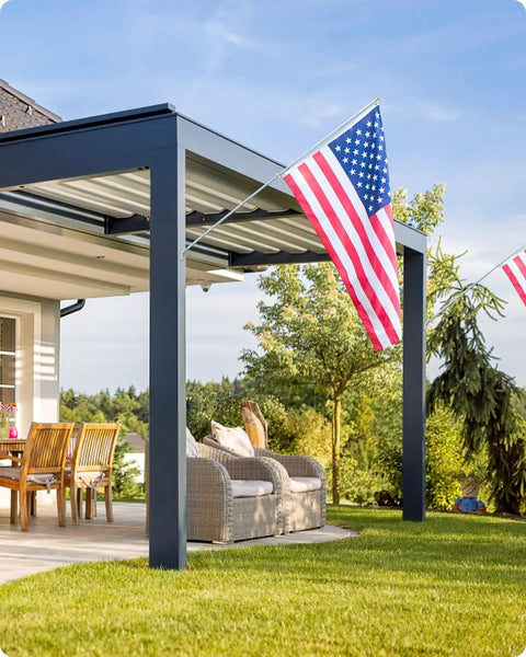 Smooth As Butter 360 Rotating Flag Pole Rings 2 Pack Heavy Duty Aluminum Alloy Mounting Clips displaying an American flag outdoors.