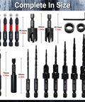 18 Piece Countersink Drill Bit Set With HSS Tapered Bits And Wood Plug Cutters, 1/4 Inch Hex Shank components displayed