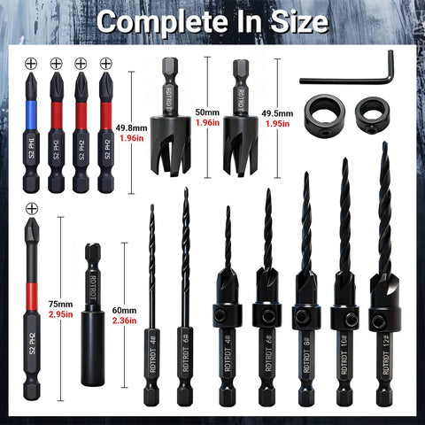 18 Piece Countersink Drill Bit Set With HSS Tapered Bits And Wood Plug Cutters, 1/4 Inch Hex Shank components displayed