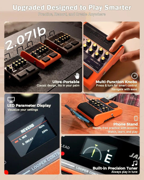 Palm Sized 10W Electric Guitar Amp And Multi Effects Pedal With Footswitch, 14 Amp Models, 3 Band EQ, JAM Buddy II features