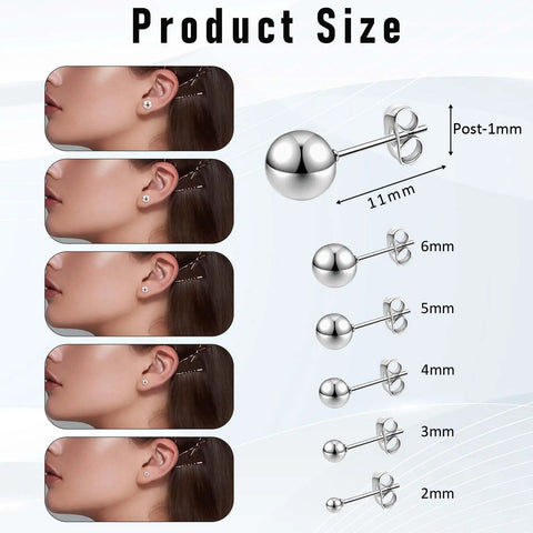 15 Pairs Ball Stud Earrings Set In 2mm 3mm 4mm 5mm 6mm Stainless Steel Silver Polished Studs For Men And Women Go-To Everyday Jewelry Multisize Surgical Steel Ball Earrings, 11mm post shown