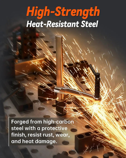 Welding Table Clamps And Fixture Pins Kit with 19 pieces, sparks fly on metal surface showing heat-resistant steel in action